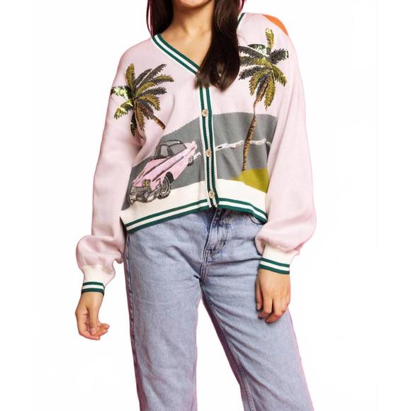 NEW QUEEN OF SPARKLES light pink vintage palm tree cardigan in pink - Picture 1 of 1